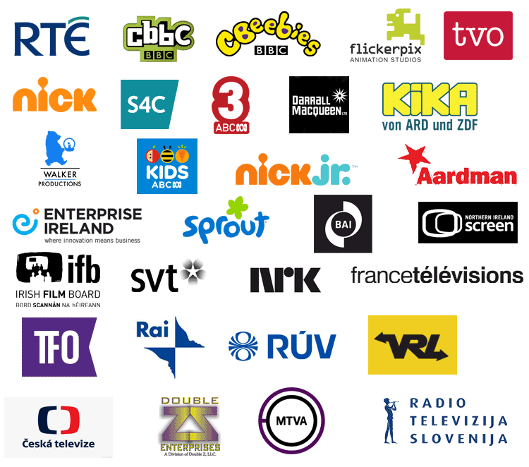 RTE, CBBC, CBEEBIES, NICK, NickJr., IFB, Sprout, Walker Productions, Aardman, 3ABC, BAI, Northern Ireland Screen, KIKA, France Télévisions, MEDIA, RAI, DR, NRK, YLE, SVT, S4C, KidsABC, TVO, TFO, WDR, VRL, Czech Television, RADIO TELEVIZIJA SLOVENIJA, MTVA, RUV, FLICKERPIX, DOUBLEZ ENTERPRISES, DARRALL MACQUEEN, LTD, ENTERPRISE IRELAND.