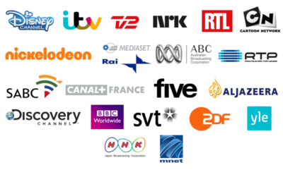 BBC, ITV, Five, ZDF, RTL, NHK Japan, ABC Australia, RAI and Mediaset, Al Jazeera, SABC, M-Net South Africa, Canal Plus France, DR, TV2 Denmark, NRK Norway, SVT Sweden, YLE Finland, RTP Portugal, Discovery, Cartoon Network, Nickelodeon and Disney Channels